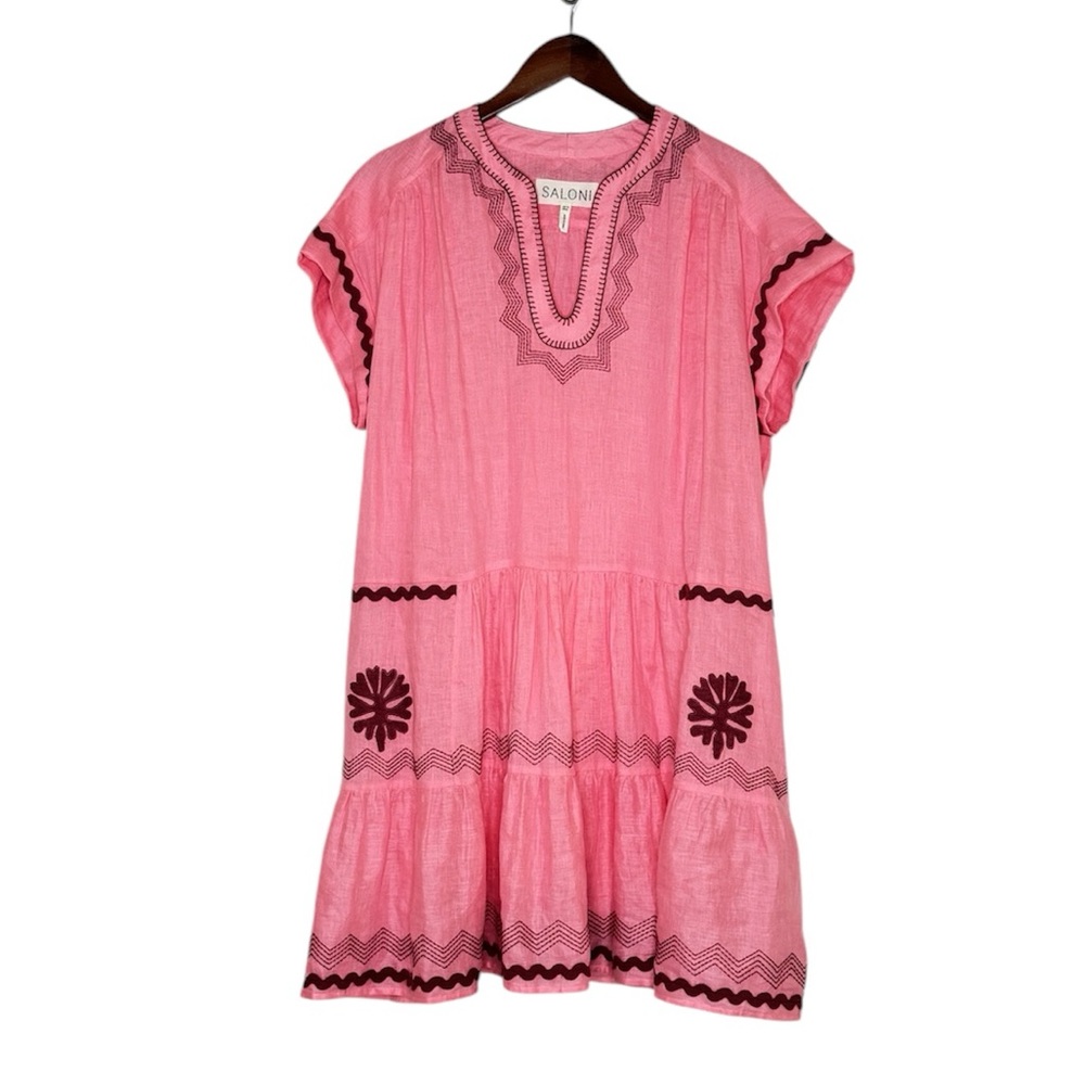 Saloni Embroidered Floral Linen Dress Ashley B Geranium Pink Tunic  SZ 6